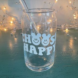 Handmade 16oz glass with glass straw / choose happy 🙂